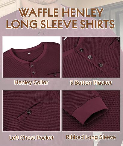 PRIVIMIX Mens Waffle Henley Long Sleeve Cotton Casual T-Shirt Fashion Three Button Pullover with Pocket in Saudi Arabia