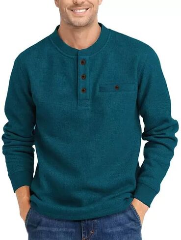 PRIVIMIX Mens Waffle Henley Long Sleeve Cotton Casual T-Shirt Fashion Three Button Pullover with Pocket in Kuwait