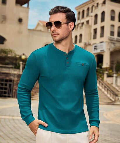 PRIVIMIX Mens Waffle Henley Long Sleeve Cotton Casual T-Shirt Fashion Three Button Pullover with Pocket in Kuwait