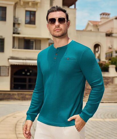 PRIVIMIX Mens Waffle Henley Long Sleeve Cotton Casual T-Shirt Fashion Three Button Pullover with Pocket in Kuwait