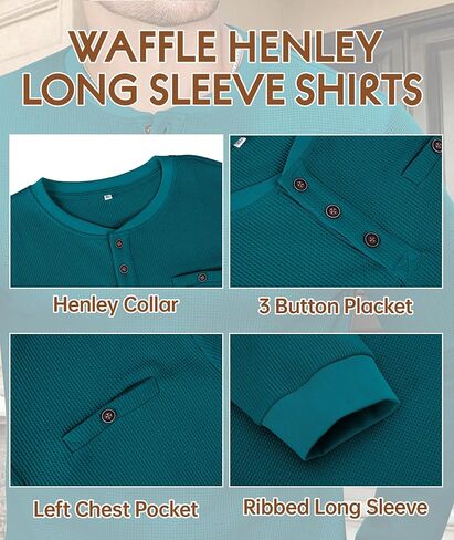 PRIVIMIX Mens Waffle Henley Long Sleeve Cotton Casual T-Shirt Fashion Three Button Pullover with Pocket in Kuwait