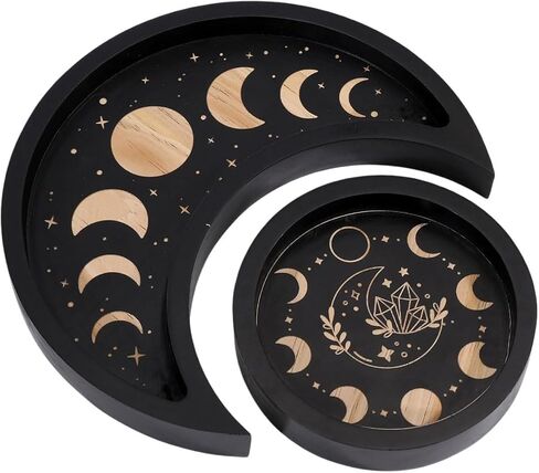 GLOBLELAND Crescent Moon Tray Crystal Holder Set for Stones Display Black Wooden Crystal Tray with Round Jewelry Dish Essential Oil Decorative Gift in Saudi Arabia