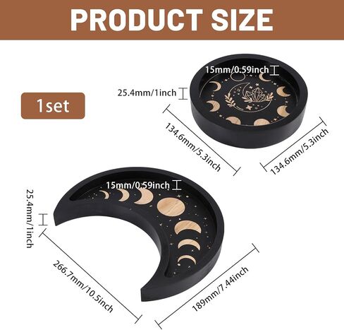 GLOBLELAND Crescent Moon Tray Crystal Holder Set for Stones Display Black Wooden Crystal Tray with Round Jewelry Dish Essential Oil Decorative Gift in Saudi Arabia