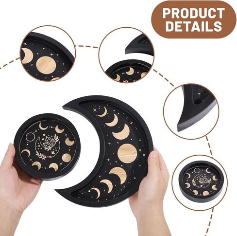 GLOBLELAND Crescent Moon Tray Crystal Holder Set for Stones Display Black Wooden Crystal Tray with Round Jewelry Dish Essential Oil Decorative Gift in Saudi Arabia