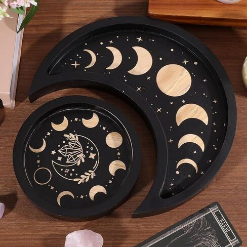 GLOBLELAND Crescent Moon Tray Crystal Holder Set for Stones Display Black Wooden Crystal Tray with Round Jewelry Dish Essential Oil Decorative Gift in Saudi Arabia