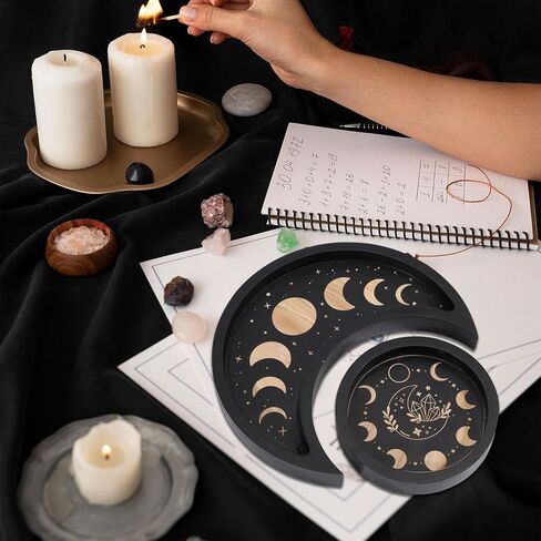 GLOBLELAND Crescent Moon Tray Crystal Holder Set for Stones Display Black Wooden Crystal Tray with Round Jewelry Dish Essential Oil Decorative Gift in Saudi Arabia