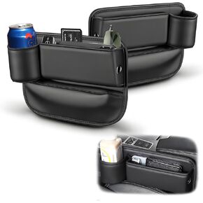 منظم حشو فجوات مقعد السيارة، منظم مقعد جلدي فاخر عالمي، صندوق تخزين فجوات المقعد مع حامل زجاجة، حقيبة فجوات جلدية للسيارة مقعد وحدة التحكم المركزية الأمامية (السائق + الراكب 2 حزمة) in Kuwait