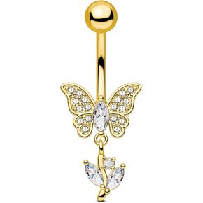 OUFER Gold Belly Button Ring, 14G Butterfly Dangle Belly Button Piercing, Pave Clear CZ Belly Rings, 316L Surgical Steel Navel Belly Piercing Jewelry For Women in Kuwait