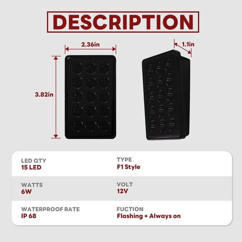 F1 Style Brake Light 12V Universal Rear Tail Lights 15 LED Rectangle Flash Lamp Warning Pilot Tailer Lights IP68 Waterproof Exterior Accessories for Car SUV Motorcycle(Black) in Kuwait