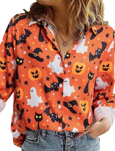FLOYU Halloween Shirt for Women Hocus Pocus Long Sleeve Blouse Halloween Pumpkin Tee Hawaiian Button Down V Neck Tops in Saudi Arabia