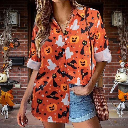 FLOYU Halloween Shirt for Women Hocus Pocus Long Sleeve Blouse Halloween Pumpkin Tee Hawaiian Button Down V Neck Tops in Saudi Arabia