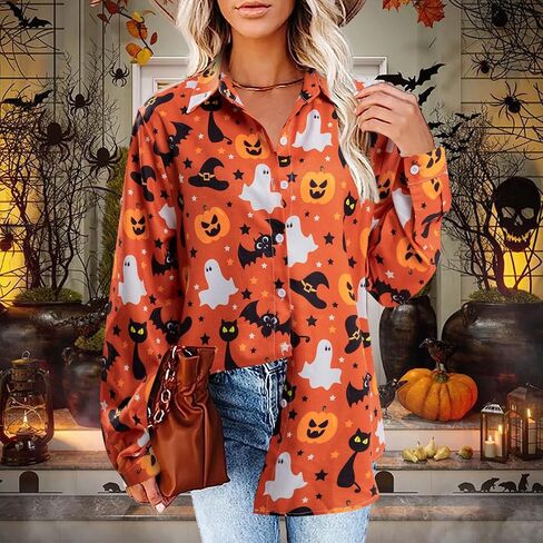 FLOYU Halloween Shirt for Women Hocus Pocus Long Sleeve Blouse Halloween Pumpkin Tee Hawaiian Button Down V Neck Tops in Saudi Arabia