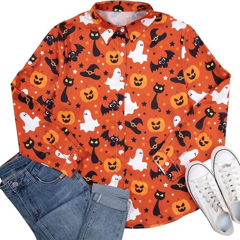 FLOYU Halloween Shirt for Women Hocus Pocus Long Sleeve Blouse Halloween Pumpkin Tee Hawaiian Button Down V Neck Tops in Saudi Arabia