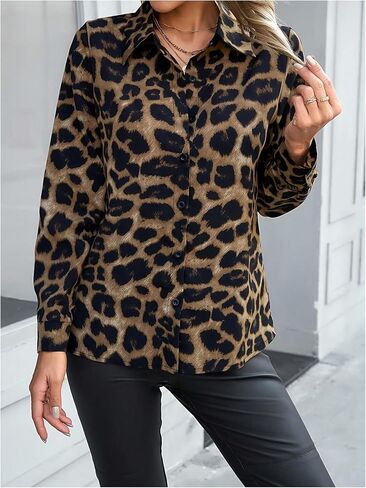 SOLY HUX Women's Leopard Button Down Shirt Cheetah Print Collared Long Sleeve Casual Work Tops Blouse in Saudi Arabia