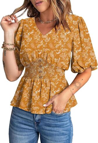 Dokotoo Womens Floral Print Ruffle Half Sleeve Blouses V Neck Decorative Buttons Elastic Waist Casual Summer Tops in Saudi Arabia