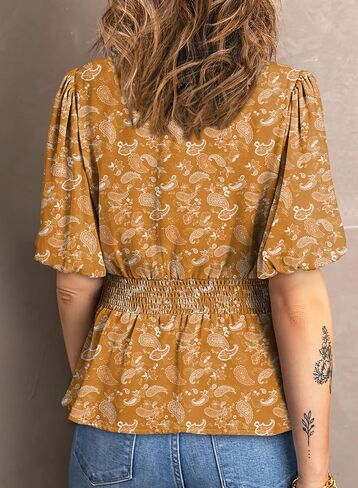 Dokotoo Womens Floral Print Ruffle Half Sleeve Blouses V Neck Decorative Buttons Elastic Waist Casual Summer Tops in Saudi Arabia