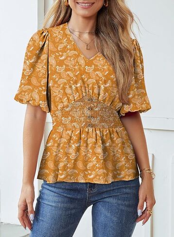 Dokotoo Womens Floral Print Ruffle Half Sleeve Blouses V Neck Decorative Buttons Elastic Waist Casual Summer Tops in Saudi Arabia