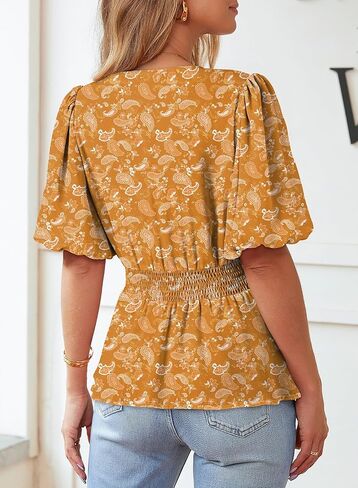Dokotoo Womens Floral Print Ruffle Half Sleeve Blouses V Neck Decorative Buttons Elastic Waist Casual Summer Tops in Saudi Arabia