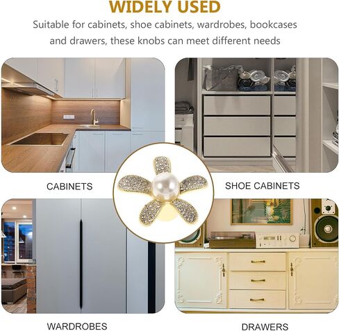 Cabilock 4pcs Flower Knobs for Dresser: Gold Floral Cabinet Knobs with Rhinestone - Single Hole Drawer Pulls for Dressers Wardrobes and Cupboards in Saudi Arabia