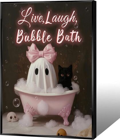 Halloween Anvas Wall Art Pink Bow Coquette Ghost And Black Cat Bathtub Bath Poster Ghost Black Cat Live Laugh Bubble Bath Prints Cute Spooky Bathroom Decor For Girls Bedroom 12x16in Unframed in Saudi Arabia