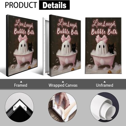 Halloween Anvas Wall Art Pink Bow Coquette Ghost And Black Cat Bathtub Bath Poster Ghost Black Cat Live Laugh Bubble Bath Prints Cute Spooky Bathroom Decor For Girls Bedroom 12x16in Unframed in Saudi Arabia