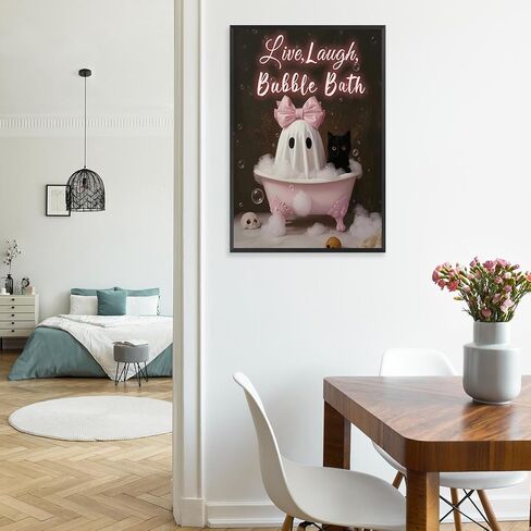 Halloween Anvas Wall Art Pink Bow Coquette Ghost And Black Cat Bathtub Bath Poster Ghost Black Cat Live Laugh Bubble Bath Prints Cute Spooky Bathroom Decor For Girls Bedroom 12x16in Unframed in Saudi Arabia