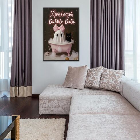 Halloween Anvas Wall Art Pink Bow Coquette Ghost And Black Cat Bathtub Bath Poster Ghost Black Cat Live Laugh Bubble Bath Prints Cute Spooky Bathroom Decor For Girls Bedroom 12x16in Unframed in Saudi Arabia