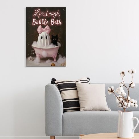 Halloween Anvas Wall Art Pink Bow Coquette Ghost And Black Cat Bathtub Bath Poster Ghost Black Cat Live Laugh Bubble Bath Prints Cute Spooky Bathroom Decor For Girls Bedroom 12x16in Unframed in Saudi Arabia
