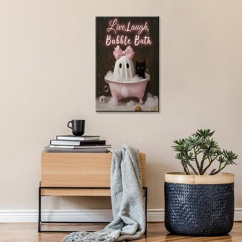 Halloween Anvas Wall Art Pink Bow Coquette Ghost And Black Cat Bathtub Bath Poster Ghost Black Cat Live Laugh Bubble Bath Prints Cute Spooky Bathroom Decor For Girls Bedroom 12x16in Unframed in Saudi Arabia