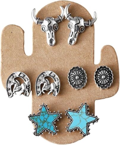 5Pcs Western Cowgirl Turquoise Earring Set for Women Boho Retro Dainty Cowboy Boot Stud Earrings Statement Western Country Jewelry in Saudi Arabia