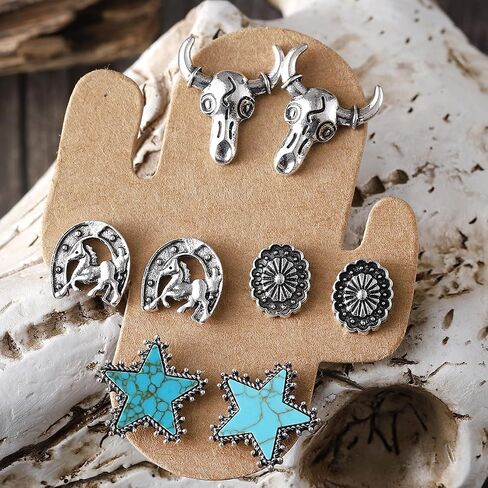 5Pcs Western Cowgirl Turquoise Earring Set for Women Boho Retro Dainty Cowboy Boot Stud Earrings Statement Western Country Jewelry in Saudi Arabia