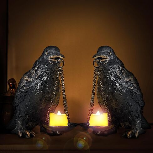 الغراب القوطية ديكور المنزل وهمية الغراب حامل مصباح الغراب مصباح Tealight شمعة حامل الراتنج تمثال الغراب يرتدي الذهب 2 قطعة in Kuwait