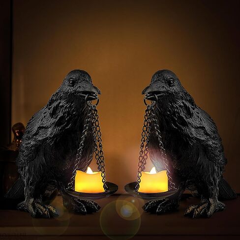 الغراب القوطية ديكور المنزل وهمية الغراب حامل مصباح الغراب مصباح Tealight شمعة حامل الراتنج تمثال الغراب يرتدي الذهب 2 قطعة in Kuwait