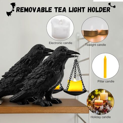 الغراب القوطية ديكور المنزل وهمية الغراب حامل مصباح الغراب مصباح Tealight شمعة حامل الراتنج تمثال الغراب يرتدي الذهب 2 قطعة in Kuwait