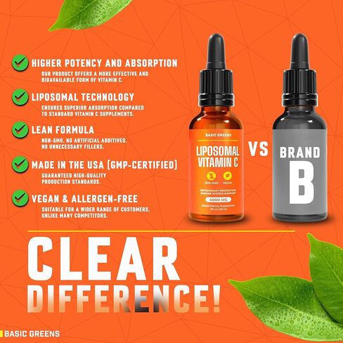 سائل فيتامين C الشحمي 6000 مجم - مكمل سائل C عالي الامتصاص لدعم المناعة ومضادات الأكسدة وصحة الجلد - غير معدل وراثيًا، نباتي، تركيبة لطيفة - 2 أونصة سائلة in Kuwait