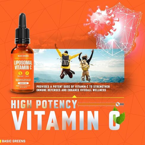 سائل فيتامين C الشحمي 6000 مجم - مكمل سائل C عالي الامتصاص لدعم المناعة ومضادات الأكسدة وصحة الجلد - غير معدل وراثيًا، نباتي، تركيبة لطيفة - 2 أونصة سائلة in Kuwait