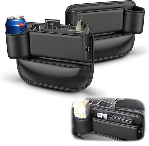 منظم حشو فجوات مقعد السيارة، منظم مقعد جلدي فاخر عالمي، صندوق تخزين فجوات المقعد مع حامل زجاجة، حقيبة فجوات جلدية للسيارة مقعد وحدة التحكم المركزية الأمامية (السائق + الراكب 2 حزمة) in Kuwait
