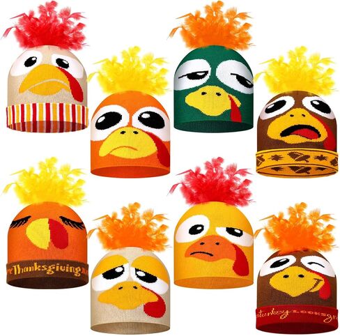 8pcs Turkey Pom Pom Beanie Hat Thanksgiving Funny Beanie Turkey Hat Turkey Knitted Cap for Adults Men Women Dress up Costume Running Winter Cosplay (Novelty) in Kuwait
