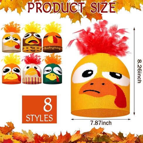 8pcs Turkey Pom Pom Beanie Hat Thanksgiving Funny Beanie Turkey Hat Turkey Knitted Cap for Adults Men Women Dress up Costume Running Winter Cosplay (Novelty) in Kuwait