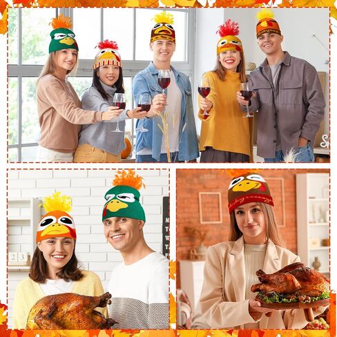 8pcs Turkey Pom Pom Beanie Hat Thanksgiving Funny Beanie Turkey Hat Turkey Knitted Cap for Adults Men Women Dress up Costume Running Winter Cosplay (Novelty) in Kuwait