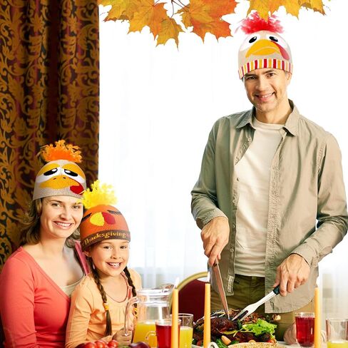 8pcs Turkey Pom Pom Beanie Hat Thanksgiving Funny Beanie Turkey Hat Turkey Knitted Cap for Adults Men Women Dress up Costume Running Winter Cosplay (Novelty) in Kuwait