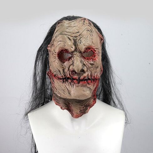Scary Zombie Mask Realistic Old Man Mask with Hair Halloween Creepy Full Head Devil Cosplay Party Props in Kuwait