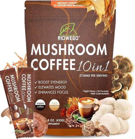 Mushroom Coffee Powder,10-in-1 Mushroom Superfood Adaptogen Mix-Organic Lion's Mane, Chaga, Turkey Tail, Reishi, Instant Coffee For Gut Health, Immunity, Energy, Focus-30 Serving in Saudi Arabia