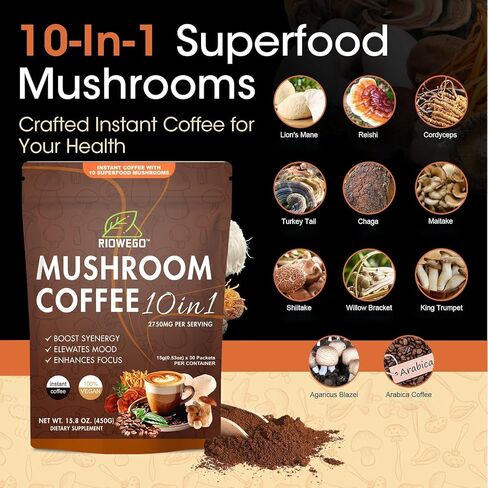 Mushroom Coffee Powder,10-in-1 Mushroom Superfood Adaptogen Mix-Organic Lion's Mane, Chaga, Turkey Tail, Reishi, Instant Coffee For Gut Health, Immunity, Energy, Focus-30 Serving in Saudi Arabia