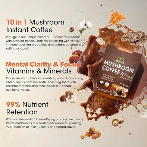 Mushroom Coffee Powder,10-in-1 Mushroom Superfood Adaptogen Mix-Organic Lion's Mane, Chaga, Turkey Tail, Reishi, Instant Coffee For Gut Health, Immunity, Energy, Focus-30 Serving in Saudi Arabia