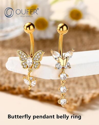 OUFER Gold Belly Button Ring, 14G Butterfly Dangle Belly Button Piercing, Pave Clear CZ Belly Rings, 316L Surgical Steel Navel Belly Piercing Jewelry For Women in Saudi Arabia