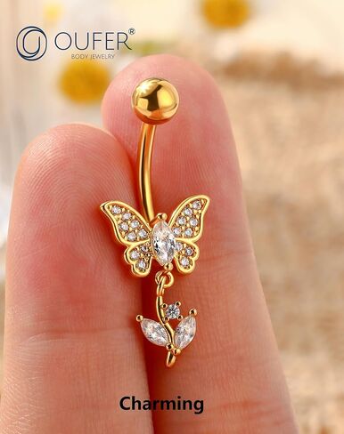 OUFER Gold Belly Button Ring, 14G Butterfly Dangle Belly Button Piercing, Pave Clear CZ Belly Rings, 316L Surgical Steel Navel Belly Piercing Jewelry For Women in Saudi Arabia