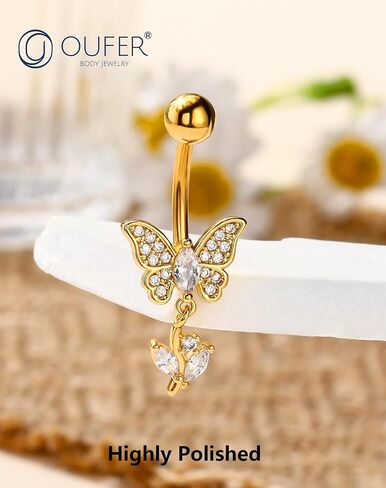 OUFER Gold Belly Button Ring, 14G Butterfly Dangle Belly Button Piercing, Pave Clear CZ Belly Rings, 316L Surgical Steel Navel Belly Piercing Jewelry For Women in Saudi Arabia