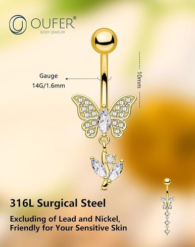 OUFER Gold Belly Button Ring, 14G Butterfly Dangle Belly Button Piercing, Pave Clear CZ Belly Rings, 316L Surgical Steel Navel Belly Piercing Jewelry For Women in Saudi Arabia