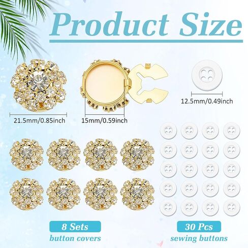 CRAFTMELODY 8Pcs Rhinestone Button Covers Sparkle Silver Rhinestone Cufflinks Decorative Buttons Clips with 30Pcs Plastic Buttons Detachable Sewing Kit Replacement for Women Men Dress Accessories in Kuwait